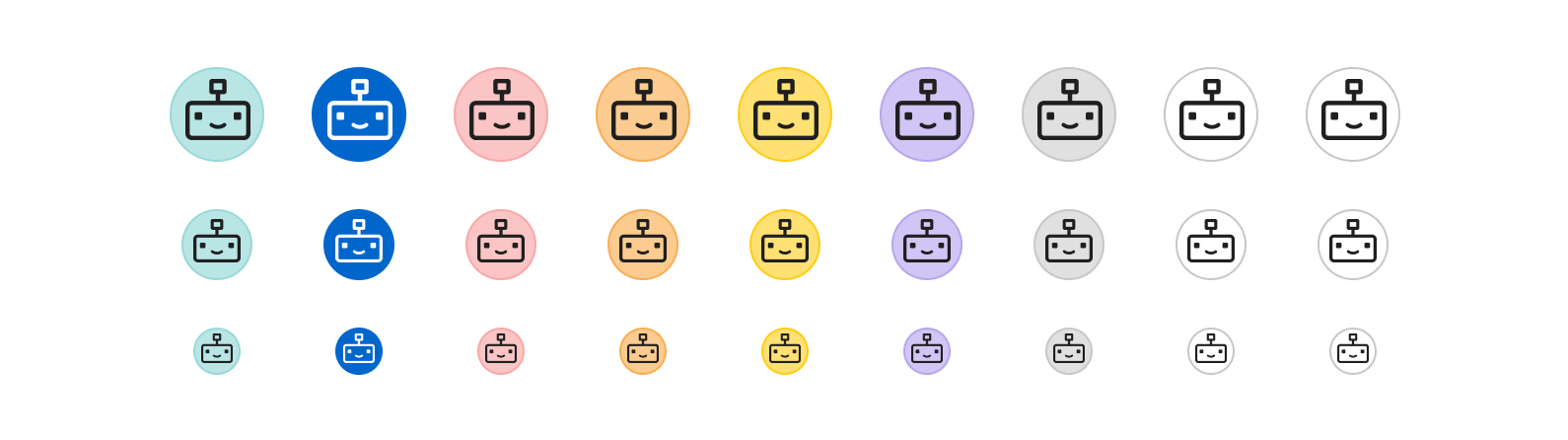 Chatbot avatar color variants on a light theme/mode background, showing the robot icon in large, medium, and small sizes across eight colors: teal, blue, pink, orange, yellow, purple, gray, and white.