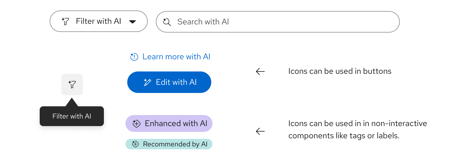 Examples of the AI sparkle within different UI icons throughout the user interface, like an edit button, filters with AI dropdown, and a search with AI input.