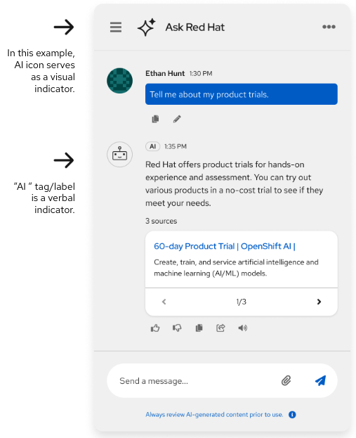 Ask Red Hat virtual assistant with the AI icon in the header bar as a visual indicator, and the AI tag/label as a verbal indicator
