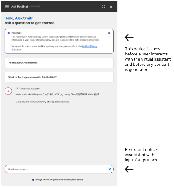 Ask Red Hat virtual assistant with an alert info component giving notice before the user interacts, with a persistent notice associated with the input/output box
