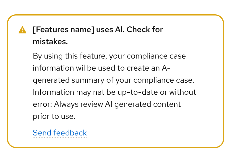 Inline alert warning component with "[Feature name] uses AI. Check for mistakes." guidance